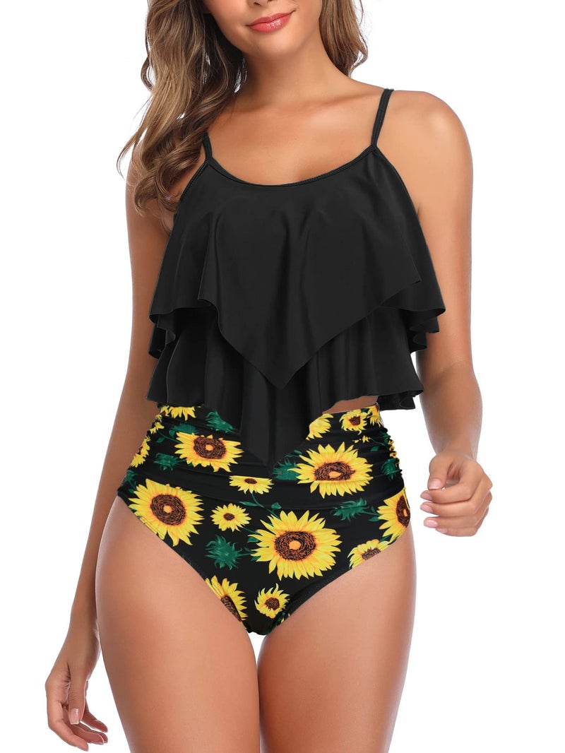 American Trends Womens Tankini Swimsuits High Waisted Bathing Suits Tummy Control Ruffled Top Swimwear Two Piece Swimming Suits 07 Black Sunflower 10-12 - Image 1